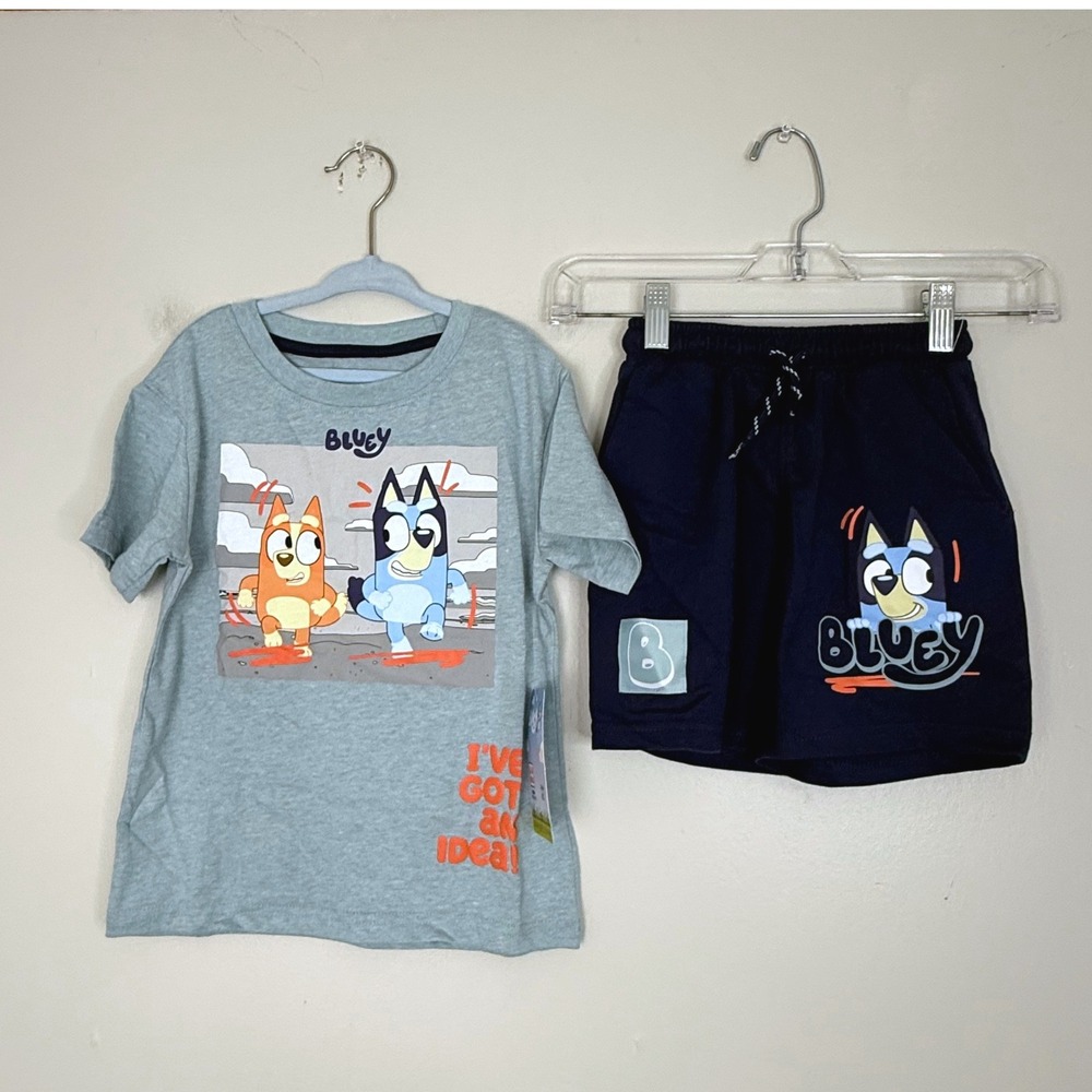 Bluey T-Shirt & Shorts Set Boys Size 5 Grey Navy Bingo Graphic 2pc Outfit NEW